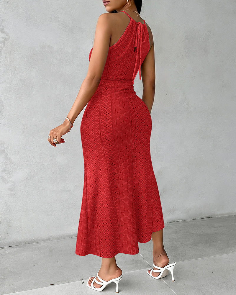 Fynovia™ - Robe midi femme jacquard ajourée col halter élégante fendue