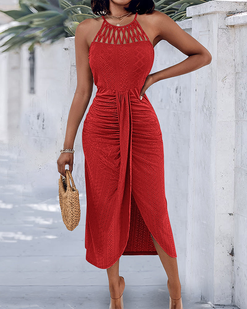 Fynovia™ - Robe midi femme jacquard ajourée col halter élégante fendue