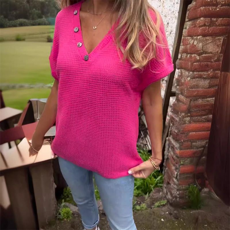 Adina™ - Pull élégant à décolleté en V avec manches courtes et boutons