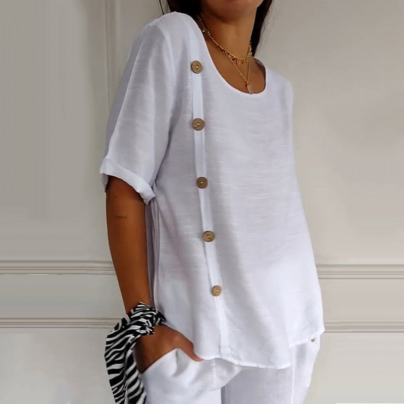 Rovryne™ - Blouse femme lin col rond boutons latéraux coupe ample été