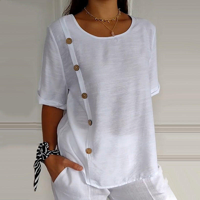 Rovryne™ - Blouse femme lin col rond boutons latéraux coupe ample été