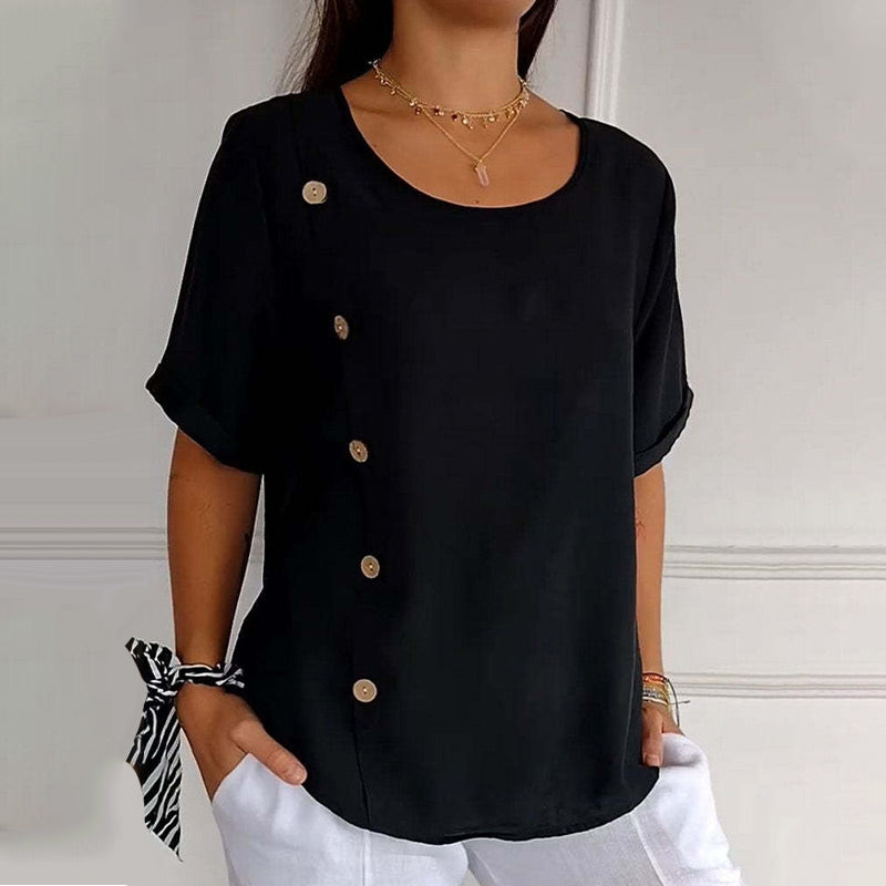 Rovryne™ - Blouse femme lin col rond boutons latéraux coupe ample été