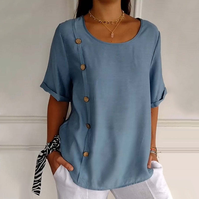 Rovryne™ - Blouse femme lin col rond boutons latéraux coupe ample été