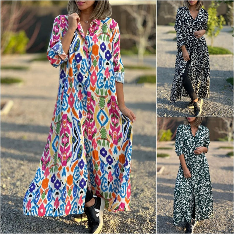 Ivonne™ - Robe Longue Fleurie à Manches Longues avec Col Chemise