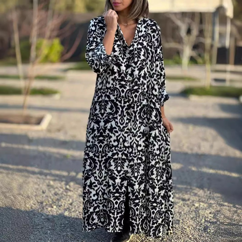 Ivonne™ - Robe Longue Fleurie à Manches Longues avec Col Chemise