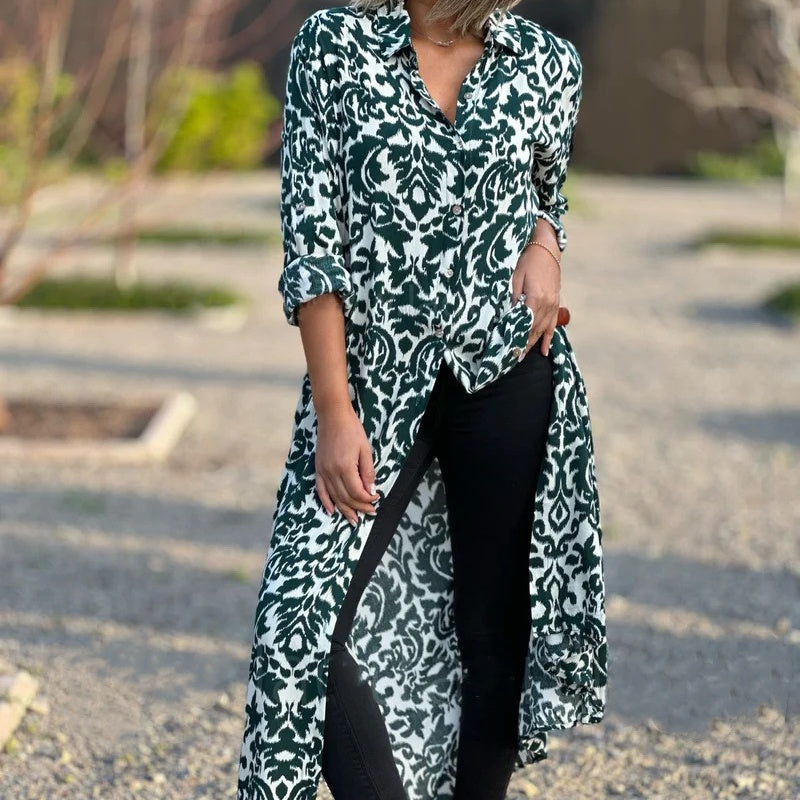 Ivonne™ - Robe Longue Fleurie à Manches Longues avec Col Chemise