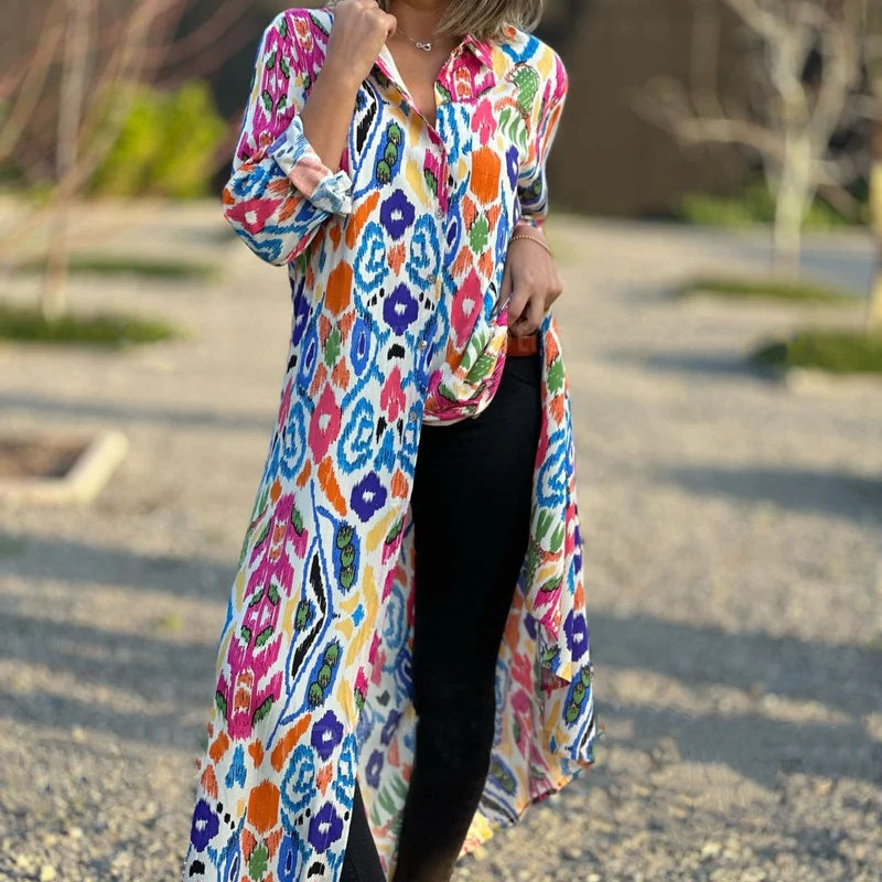 Ivonne™ - Robe Longue Fleurie à Manches Longues avec Col Chemise