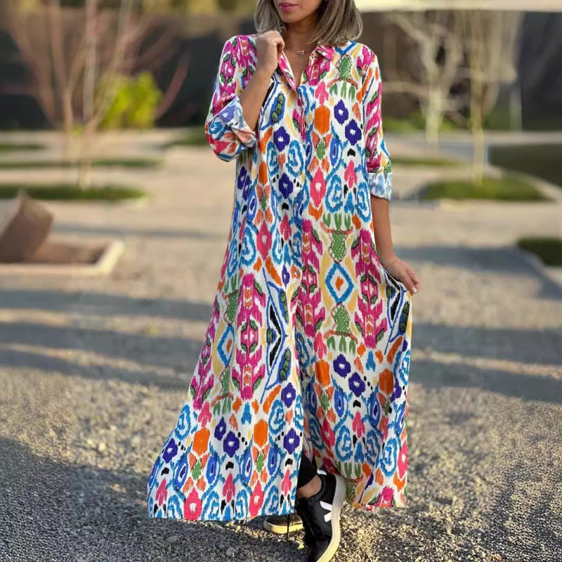 Ivonne™ - Robe Longue Fleurie à Manches Longues avec Col Chemise