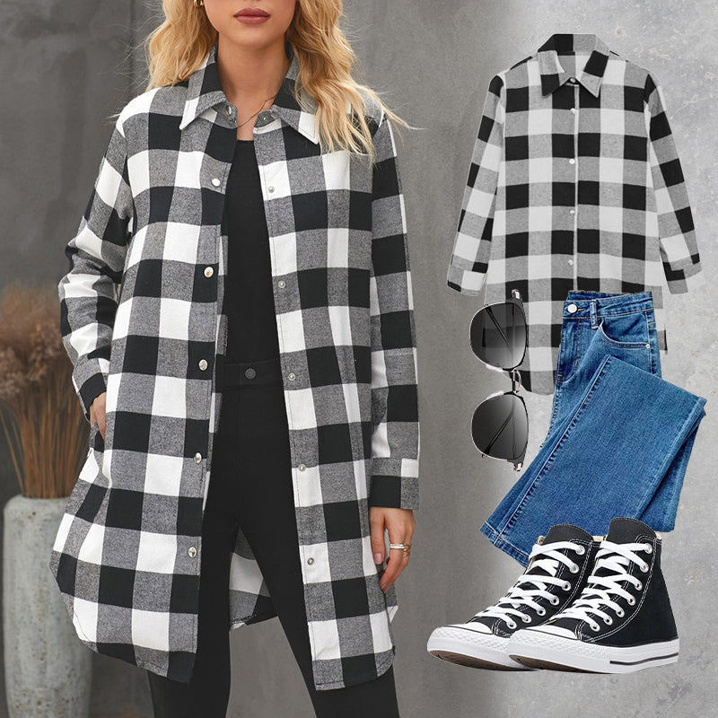 Larissa™ - Veste Chemise Longue à Carreaux Élégante