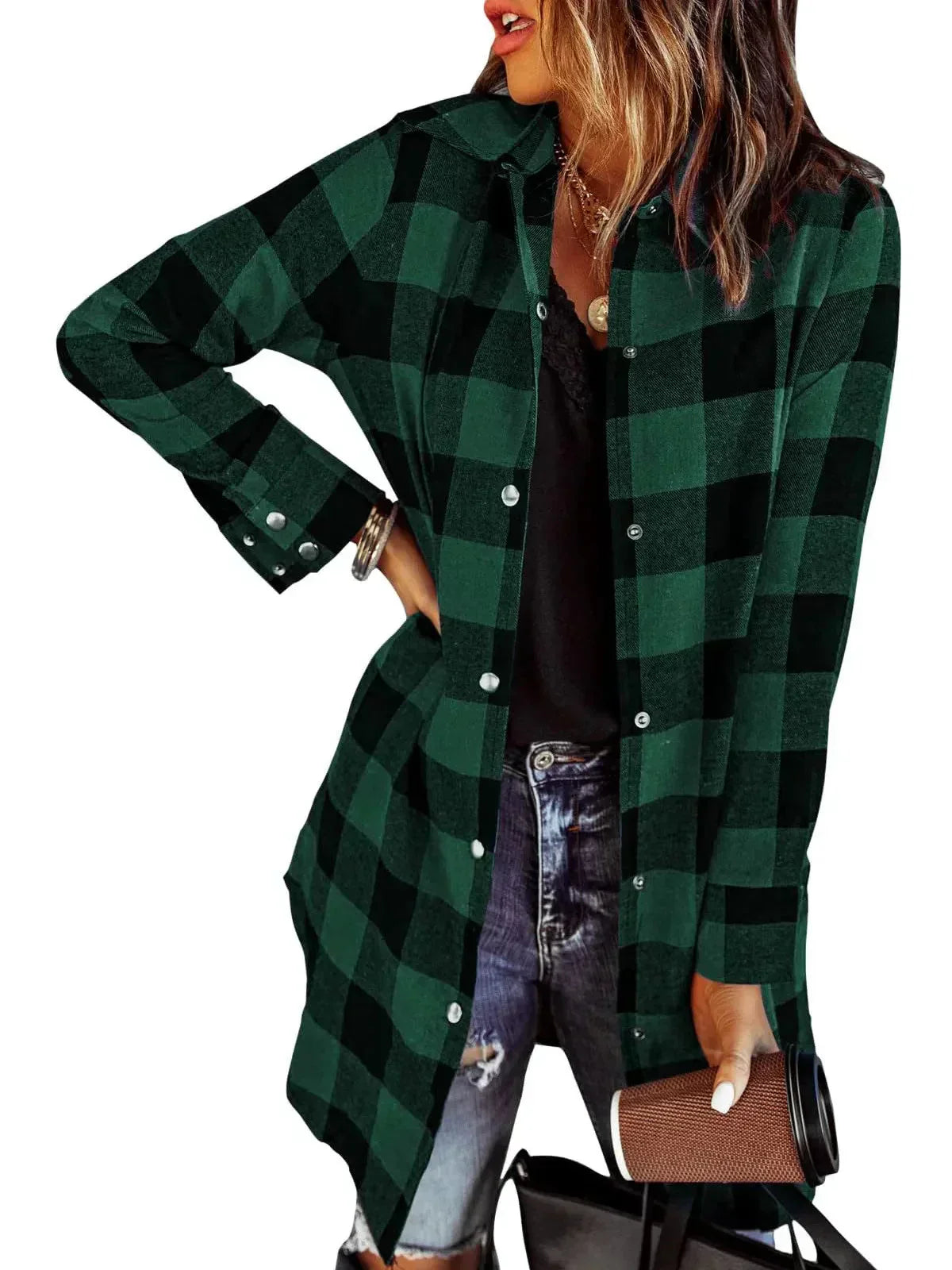 Larissa™ - Veste Chemise Longue à Carreaux Élégante