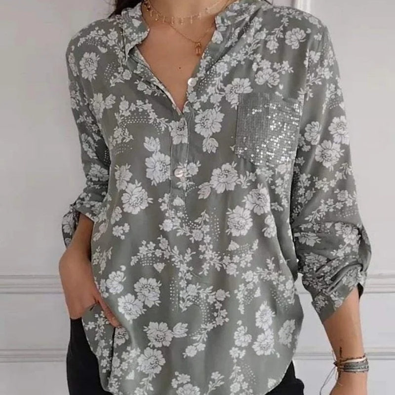 Avice™ - Blouse Florale à Manches Longues & Poche Scintillante