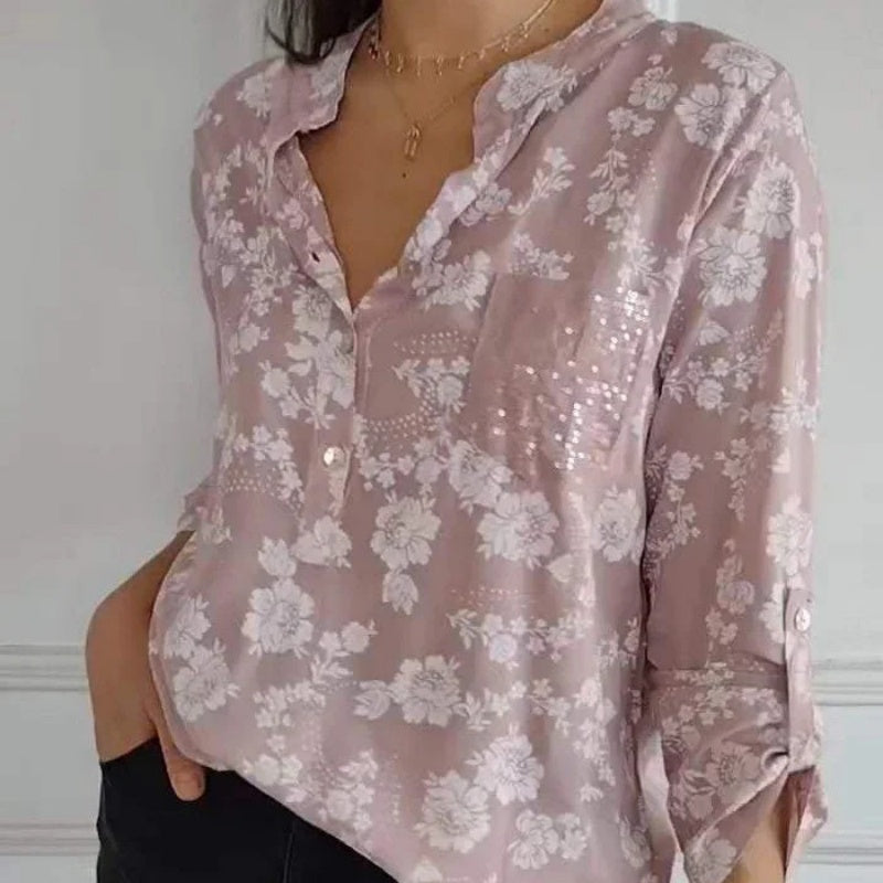 Avice™ - Blouse Florale à Manches Longues & Poche Scintillante
