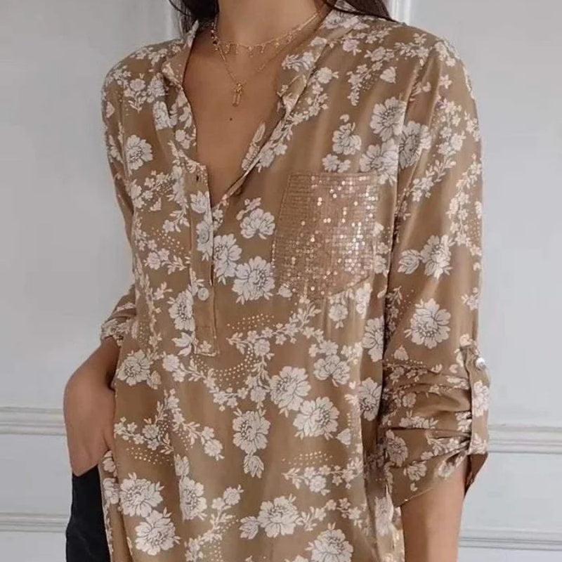 Avice™ - Blouse Florale à Manches Longues & Poche Scintillante