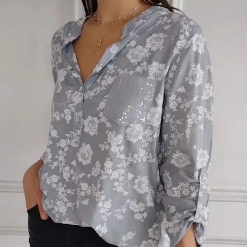 Avice™ - Blouse Florale à Manches Longues & Poche Scintillante