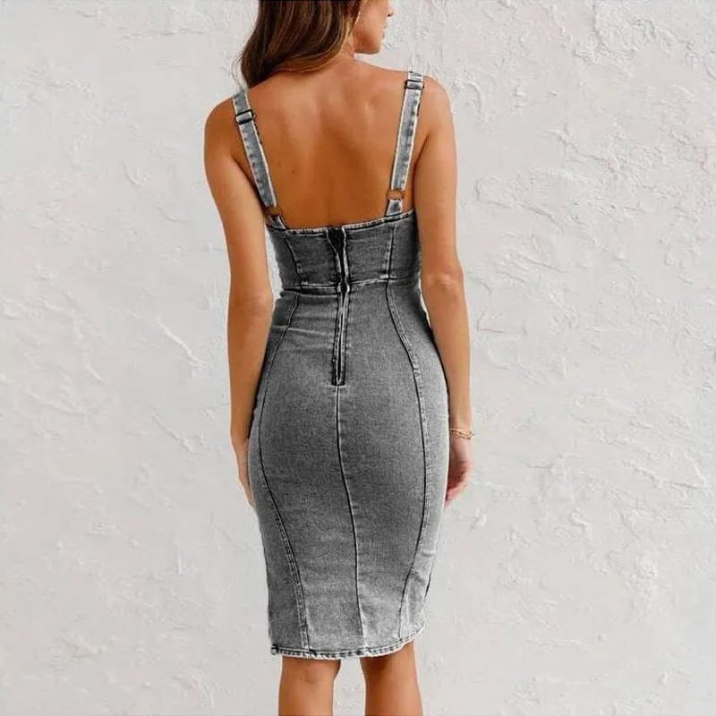Estelle™ - Robe Bodycon en Denim à Bretelles Ajustables avec Décolleté U et Fente