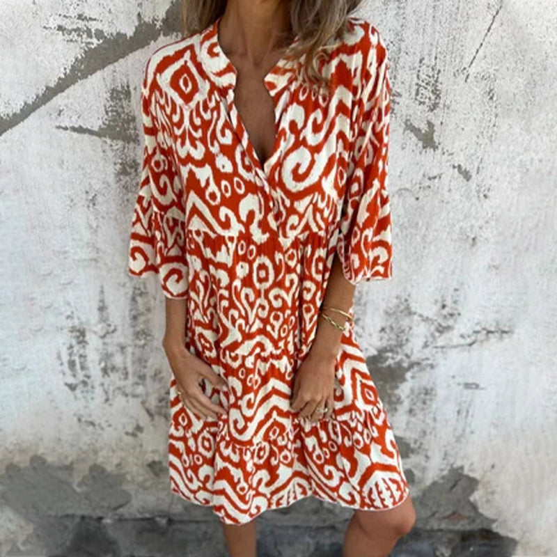 Astrid™ - Robe à Col V et Manches Trois-Quarts Imprimées