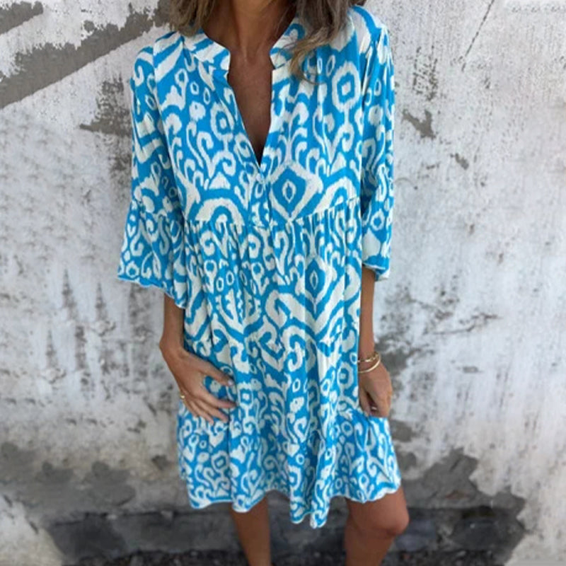 Astrid™ - Robe à Col V et Manches Trois-Quarts Imprimées