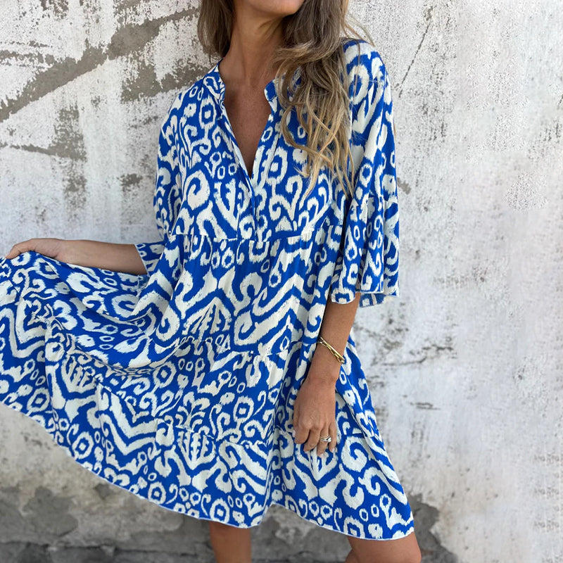 Astrid™ - Robe à Col V et Manches Trois-Quarts Imprimées