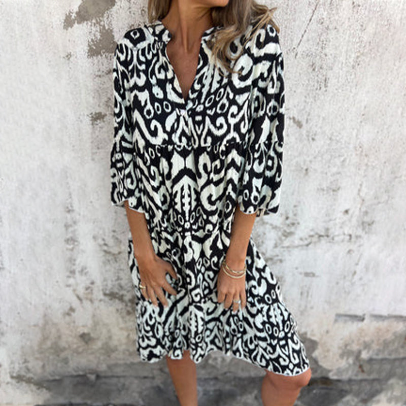 Astrid™ - Robe à Col V et Manches Trois-Quarts Imprimées