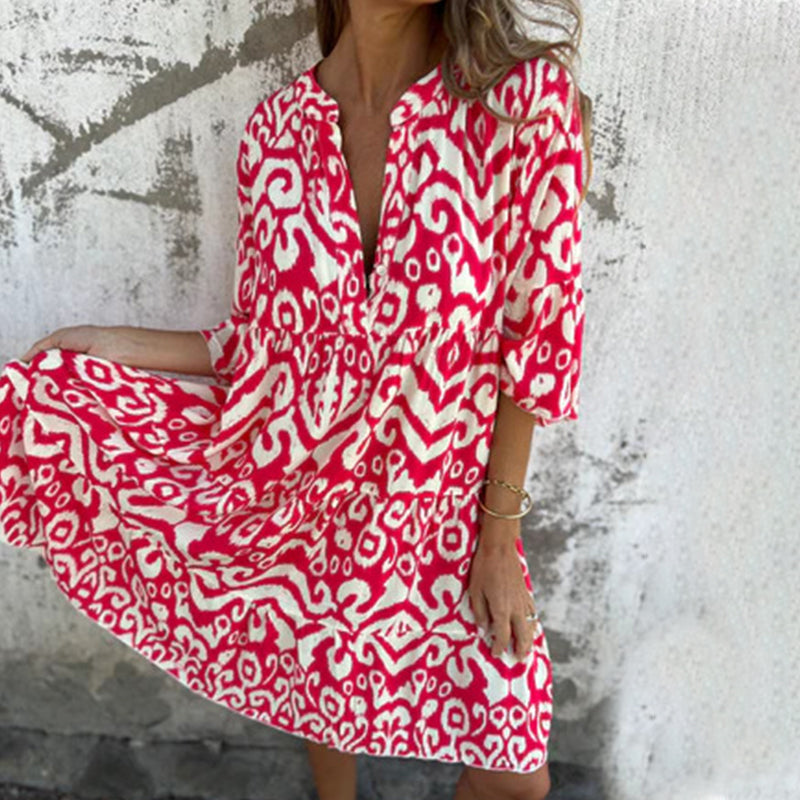 Astrid™ - Robe à Col V et Manches Trois-Quarts Imprimées