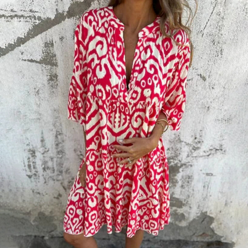 Astrid™ - Robe à Col V et Manches Trois-Quarts Imprimées