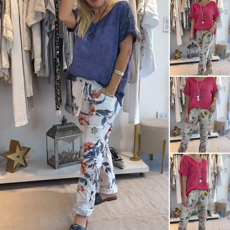Evangeline™ - Ensemble 2 Pièces Femme – Blouse Unie et Pantalon Décontracté à Imprimé Floral