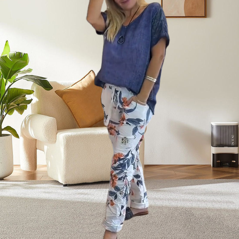 Evangeline™ - Ensemble 2 Pièces Femme – Blouse Unie et Pantalon Décontracté à Imprimé Floral