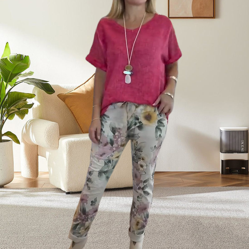 Evangeline™ - Ensemble 2 Pièces Femme – Blouse Unie et Pantalon Décontracté à Imprimé Floral