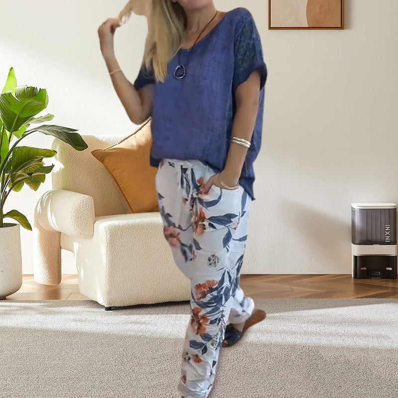 Evangeline™ - Ensemble 2 Pièces Femme – Blouse Unie et Pantalon Décontracté à Imprimé Floral