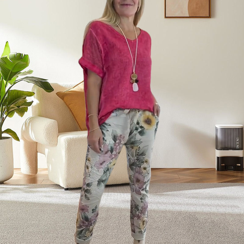 Evangeline™ - Ensemble 2 Pièces Femme – Blouse Unie et Pantalon Décontracté à Imprimé Floral