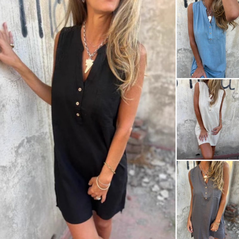 Noelia™ - Robe Sans Manches à Boutons et Décolleté en V pour Femme
