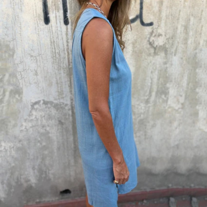 Noelia™ - Robe Sans Manches à Boutons et Décolleté en V pour Femme