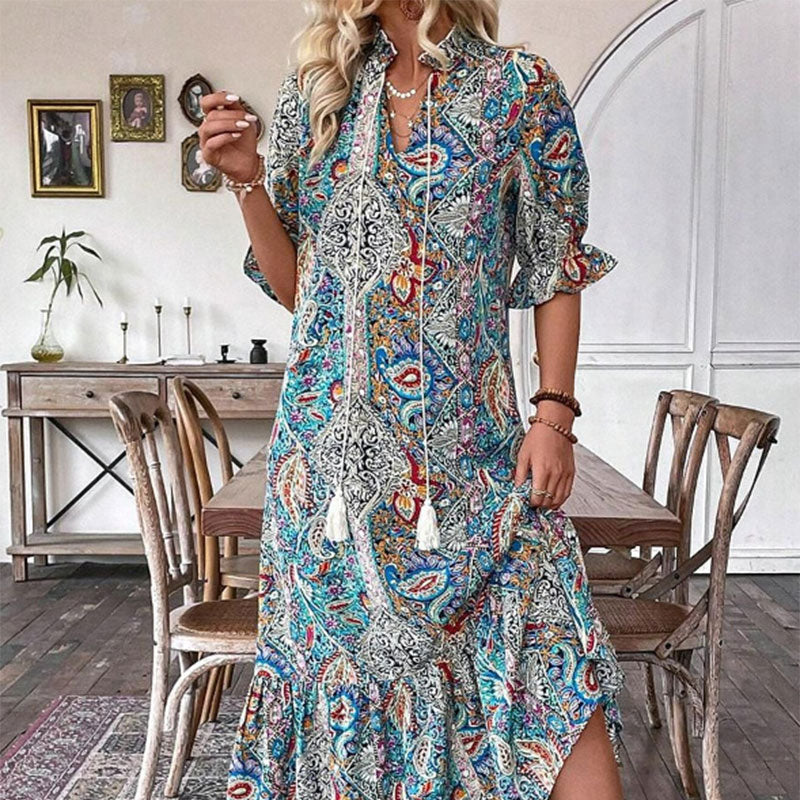 Esther - Robe bohème femme imprimée florale à col V élégant