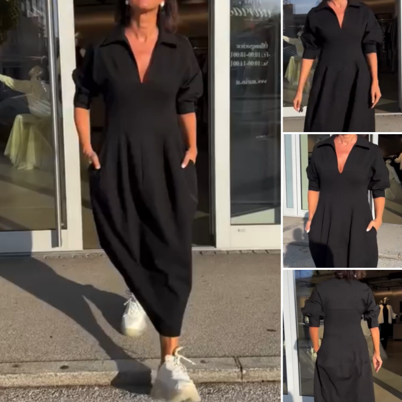 Stéphanie™ - Robe Midi Élégante à Revers et Col V