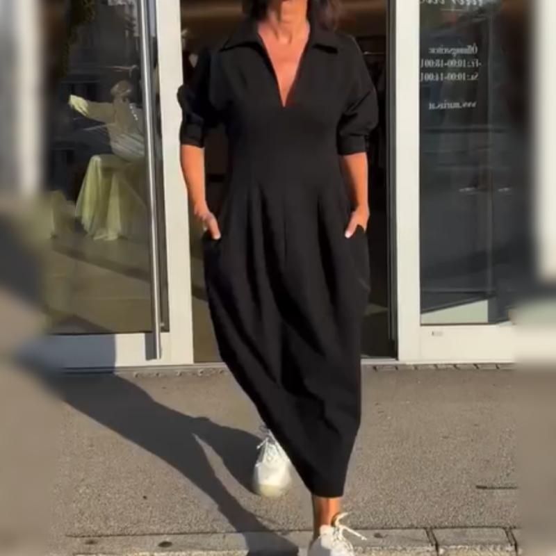 Stéphanie™ - Robe Midi Élégante à Revers et Col V