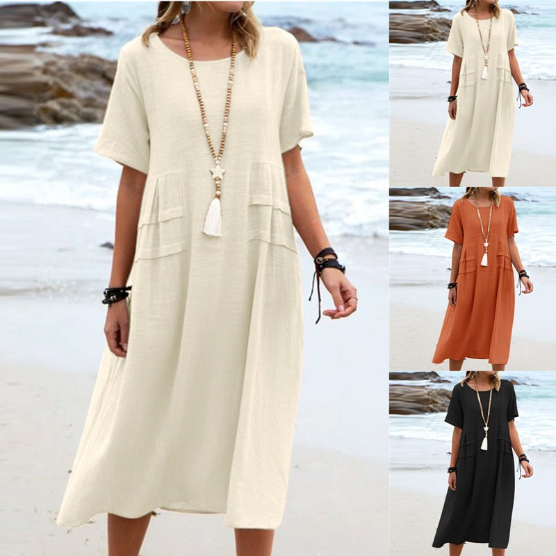 Oriana™ - Robe Midi en Coton et Lin à Col Rond