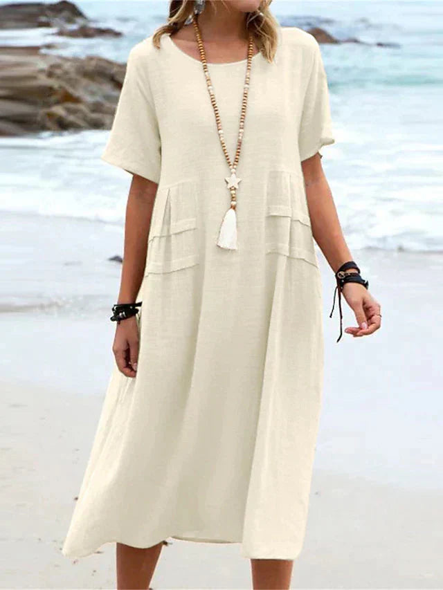 Oriana™ - Robe Midi en Coton et Lin à Col Rond
