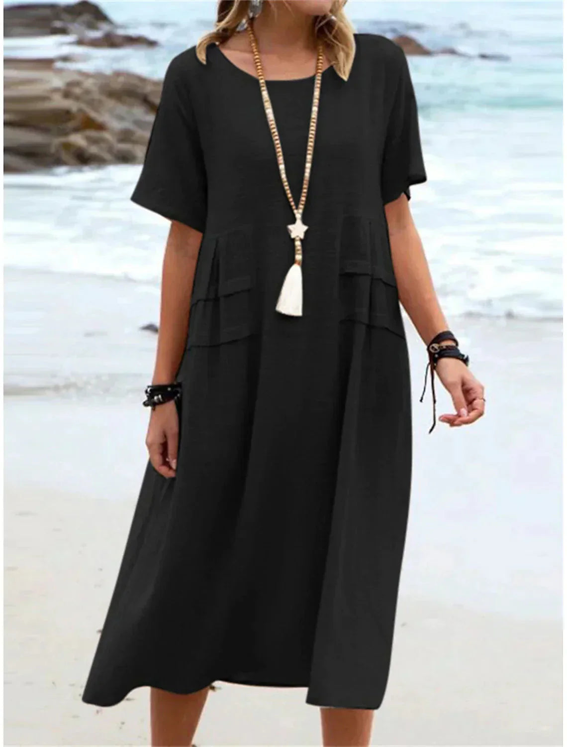 Oriana™ - Robe Midi en Coton et Lin à Col Rond