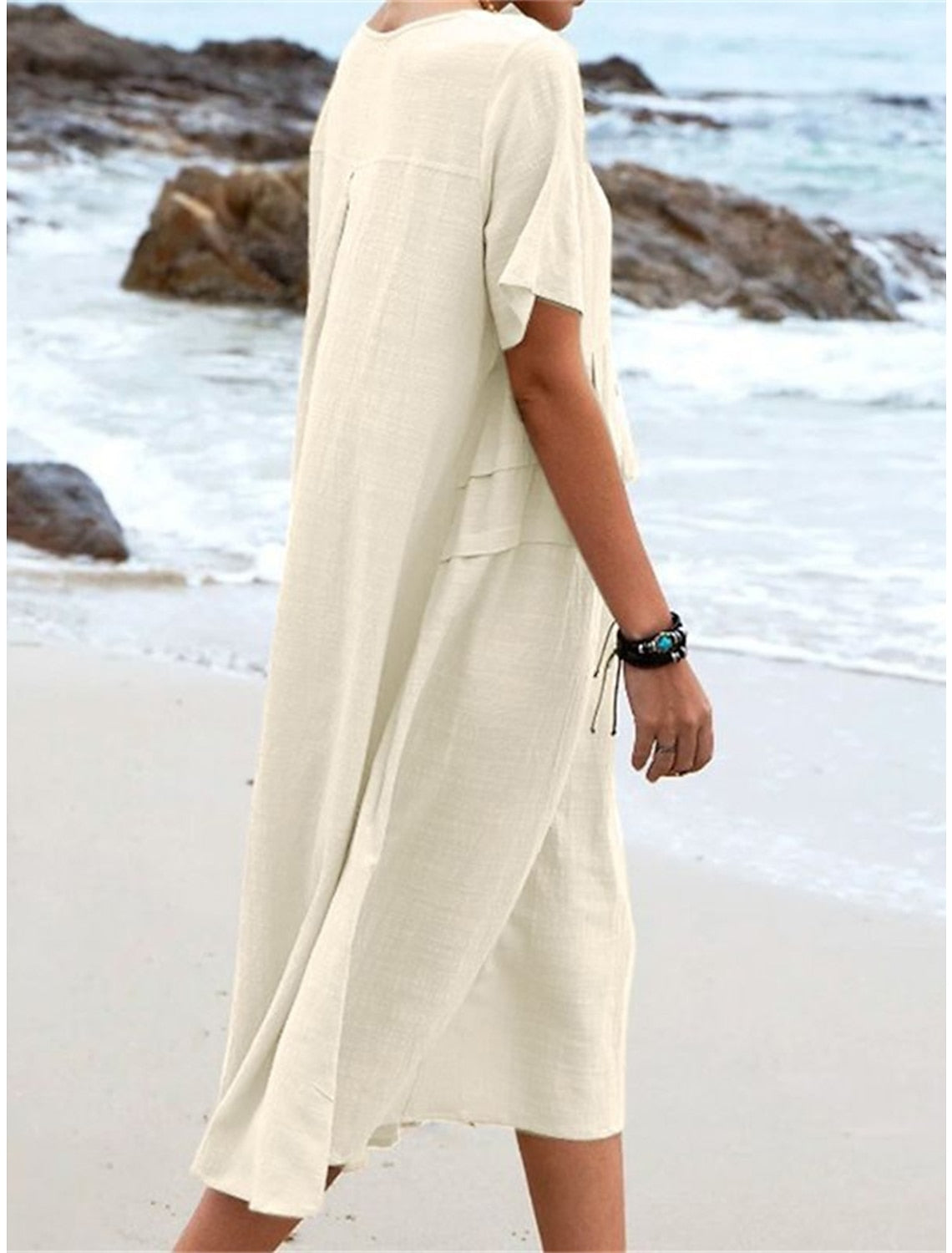 Oriana™ - Robe Midi en Coton et Lin à Col Rond