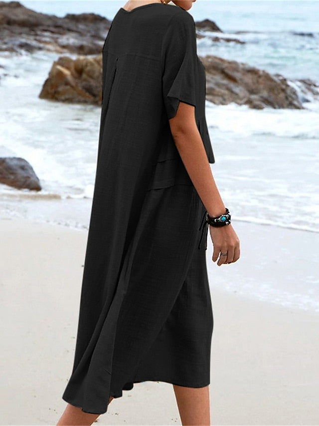 Oriana™ - Robe Midi en Coton et Lin à Col Rond