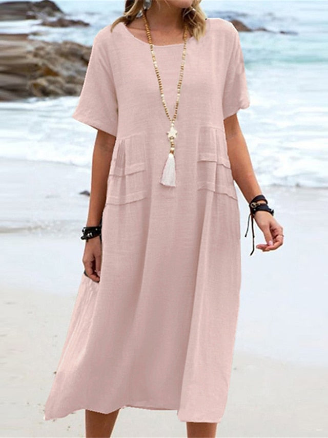 Oriana™ - Robe Midi en Coton et Lin à Col Rond