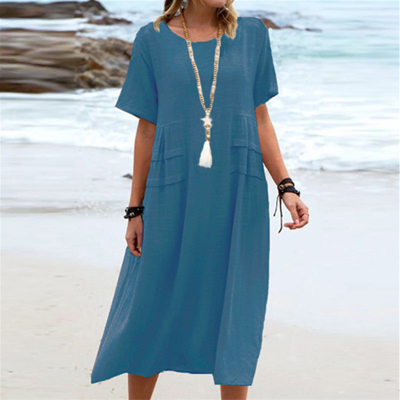 Oriana™ - Robe Midi en Coton et Lin à Col Rond
