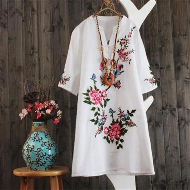 Yolanda™ - Robe Ample Fleurie en Coton et Lin avec Col V