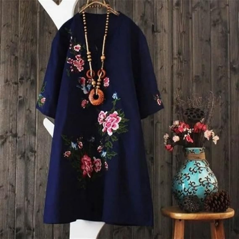 Yolanda™ - Robe Ample Fleurie en Coton et Lin avec Col V