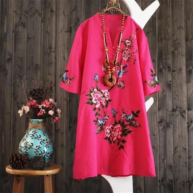 Yolanda™ - Robe Ample Fleurie en Coton et Lin avec Col V