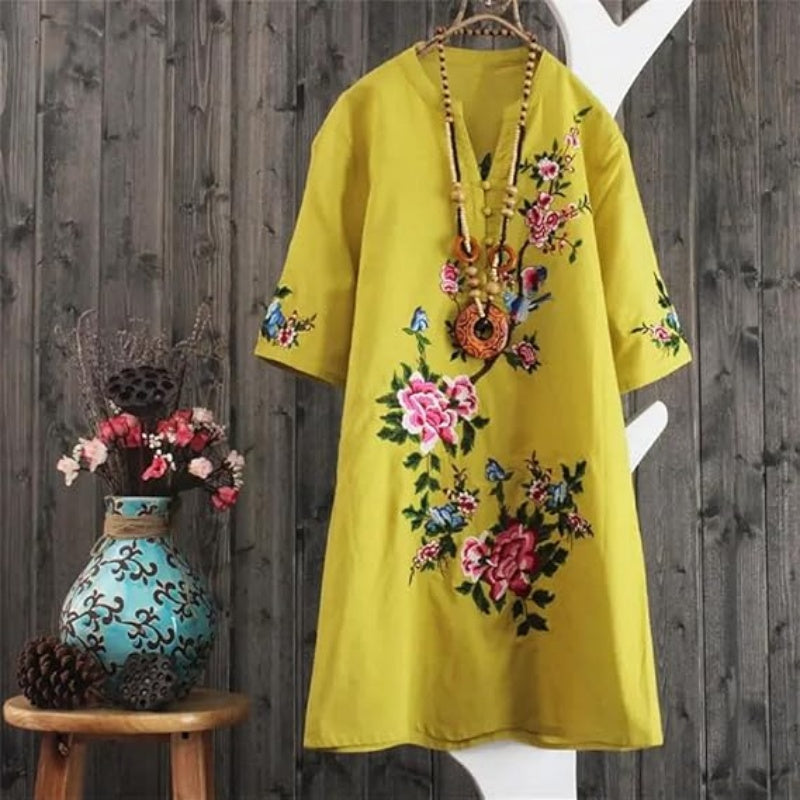 Yolanda™ - Robe Ample Fleurie en Coton et Lin avec Col V