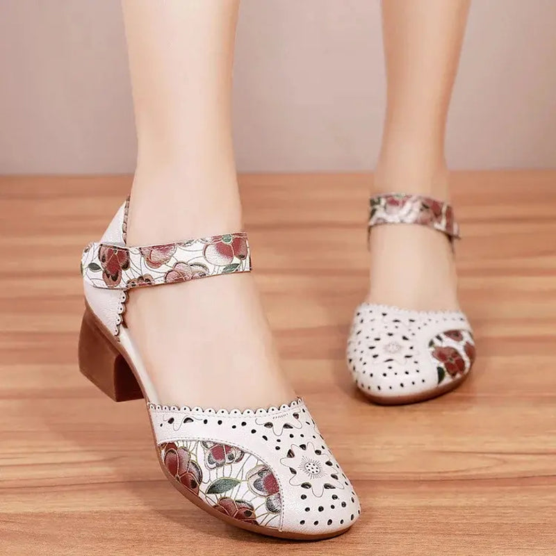 Sylvexa™ - Chaussures femme talon bloc cuir ajouré bride velcro floral
