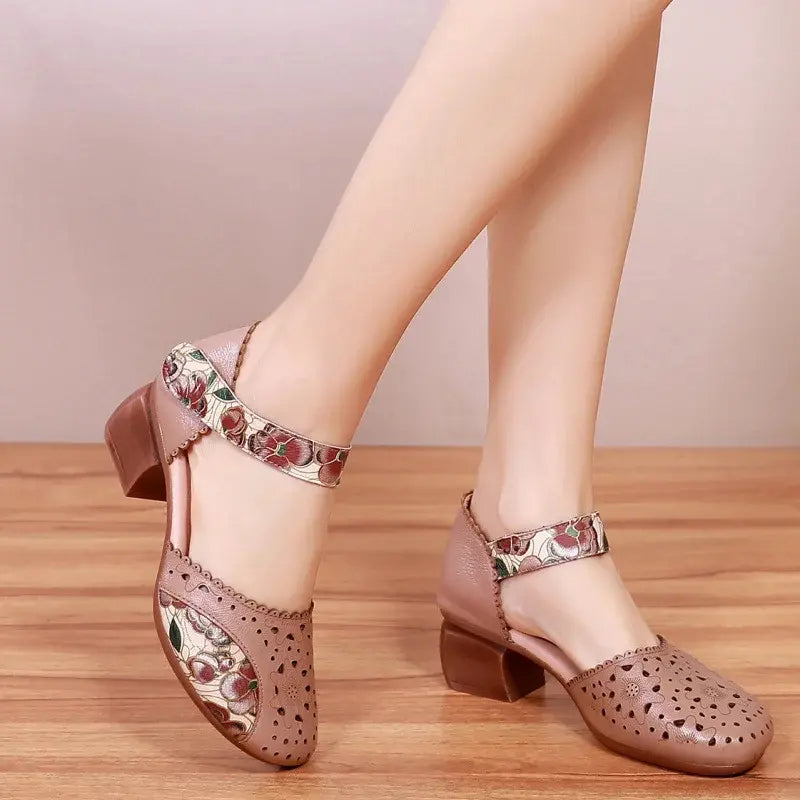 Sylvexa™ - Chaussures femme talon bloc cuir ajouré bride velcro floral