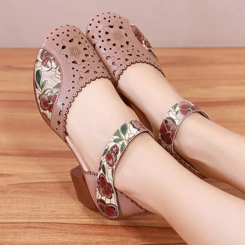 Sylvexa™ - Chaussures femme talon bloc cuir ajouré bride velcro floral