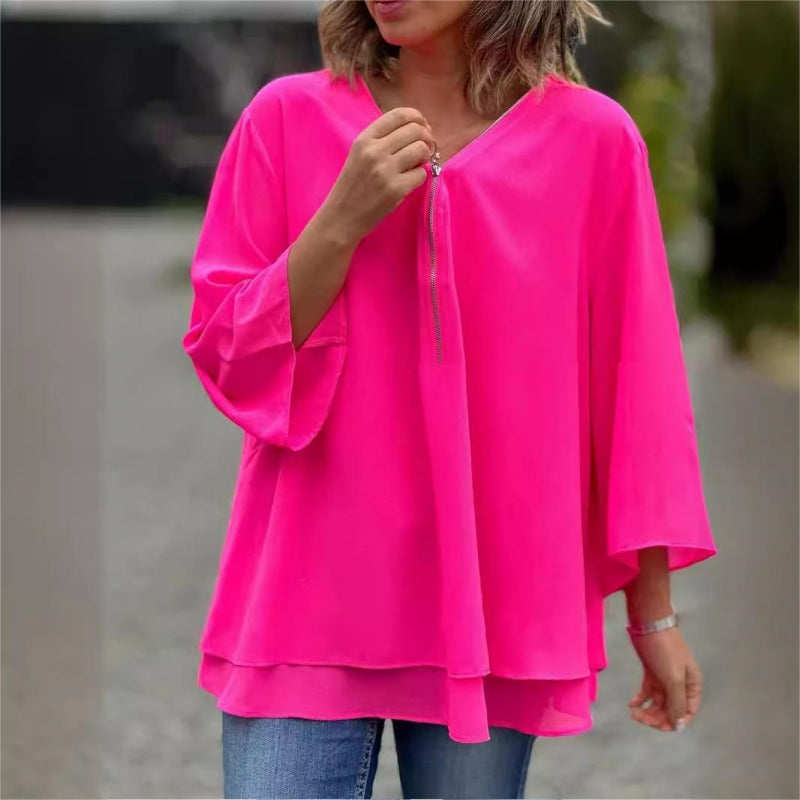 Quorina™ - Blouse Femme en Chiffon Col V Zippé Manches 3/4 Fluide Élégante